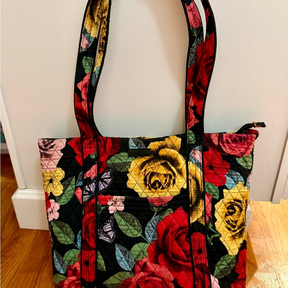 Retired Vera Bradley Quilted Floral Tote - Black with Red & Yellow Roses
